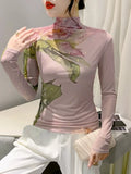 Znbbw Autumn Fashion Bronzing T-shirt Women Located Printing Big Flowers Slim TShirts Female High Stretch Top HF8730