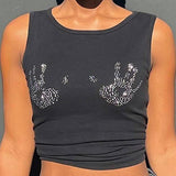 Znbbw Rhinestone Hand Print Crop Top Women Summer Sleeveless Baby Tee Vintage Grunge Slim T-shirt 90s Aesthetic Gothic Tights Vest