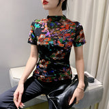 Znbbw Autumn Mesh Tshirts Women Short Sleeve Half Turtleneck Printed Floral Tees Girls Slim Elastic T Shirts Tops BH3878