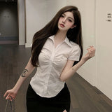 Znbbw Elegant Women Folds Shirt Fashion Summer Slim Female Sexy Tops Y2K Korean Casual All Match Solid White Shirts New