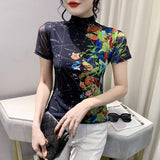 Znbbw Printed Mesh T Shirt Women Short Sleeve Turtleneck TShirts Lady Basic High Stretch Tops Tees
