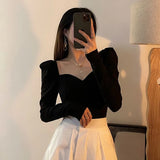 Znbbw Elegant Shirts Women Puff Sleeve Square Collar Blouses Office Lady Korean Autumn Black Chic Slim Casual All Match Tops