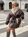 Znbbw Winter Leather Jacket Women 2024 New Female Vintage Lapel Faux Wool Belt Coat Thicken Warm Oversize Highstreet Outwear Top