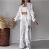 Znbbw Printed Y2k Pants Sets Women Shiny O-neck Zipper Long Sleeve Coats High Waist Straight Pant 2024 Spring Female Tracksuit