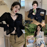Znbbw Women's top Waist up Slim fitting Women's coat Air-conditioned shirt Sunscreen Cardigan Lace Lace up T-shirt