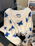 Znbbw Korean Fashion Graphic Butterfly Knitted Sweater Woman Sweet sized Cropped Tops Off Shoulder Y2K Casual Sweater