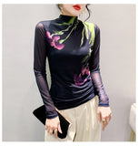 Znbbw Printed Positioning Flower Double-Layer Mesh T-shirt Women Stretch Slim Full Sleeve Tees Tops HF8772