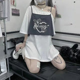 Znbbw Sweet Y2k Clothes Skew Collar Half Sleeve Fake Two Piece T Shirts Off Shoulder Letter Print Summer Harajuku Women Tops