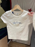 Znbbw Embroidery Slim Crop Top Women Vintage Beige Cotton Round Short Sleeve Tees Clothes Harajuku Sweet Summer T Shirt Female