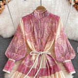 Znbbw Women's Spring Summer Dress 2023 Runway Fashion Lantern Sleeve Turtleneck Single Breasted Flower Printed Party Maxi Vestidos