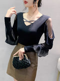 Znbbw Spring Summer T-shirts Women V-neck Ruffles Long Sleeve Solid Mesh Elastic Tops Tees Female Fashion Diamonds T Shirt