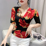 Znbbw Women Half Sleeve Print Mesh T Shirts Lady Elegant Elastic Crossed V Neck Floral Tops Tees Female Fashion T-Shirt