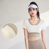 Znbbw Women Yoga Shirt Short Sleeve Padded Sports Crop Top Fitness Gym Clothing Sexy Cropped Workout Tops Running Tights T-Shirt