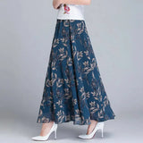Znbbw Chiffon Skirts Ink Painting Print Spring Summer Floral Long Skirt Elegant Chic A-Line Full Length Skirt Ankle Beach Skirts