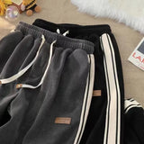 Znbbw Striped Corduroy Sweatpants Women Winter Thick High Waist Drawstring Wide Leg Trousers Y2K Korean All-Match Straight Pants