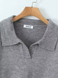 Znbbw TRAF Women Large Turn-Down Collar Knitted Sweater Slit Cuffs Autumn Winter Ladies V-Neck Loose Knitted Sweater Tops