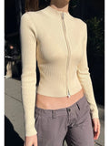 Znbbw Sexy Slim Knitted Cardigan Sweater Women Autumn Soft Cotton Double Zippers Crop Top Vintage Simple Sweet Cardigan Tops Y2k