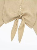 Znbbw TRAF Women Fashion With Knotted Linen Shirts 2 Piece Sets Long Pant Female Suits Holiday Sets Women