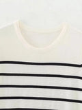 Znbbw TRAF 2023 Women Spring Summer Sweet Striped Jacquard Knitted Pullover Sweater Cute Slim O-neck Chic Short Zevity Jumpers