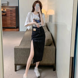 Znbbw Skirts Women A-line Solid Slim Side Slit Long High Waist Denim Skirt Wrap Hip Streetwear