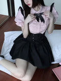 Znbbw Kawaii Sweet Two Piece Set Women Korean Style Y2k Party Skirts Suit Female Pink Puff Sleeve Blouses£«Suspenders Mini Dress