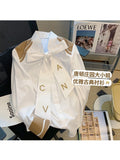 znbbw England Style Long Sleeve Blouses For Women 2023 Bow Letter Tee White Single Breasted V-neck Loose Boyfriend Shirt