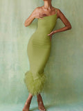 Znbbw Elegant One Shoulder Feather Bottom Midi Dress For Women Robe Summer New Sleeveless Bodycon Long Dress Clubwear