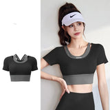Znbbw Women Yoga Shirt Short Sleeve Padded Sports Crop Top Fitness Gym Clothing Sexy Cropped Workout Tops Running Tights T-Shirt