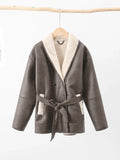 Znbbw Winter Leather Jacket Women 2024 New Female Vintage Lapel Faux Wool Belt Coat Thicken Warm Oversize Highstreet Outwear Top