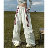 Znbbw Women Streetwear Sweatpants American Retro Striped Loose Wide Leg Pants Casual Female Large Pocket Cargo Trousers New