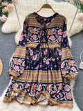 Znbbw Autumn Women's Travel Holiday indie Style Dress New Sweet Loose Thin Printed Long-sleeved Mid-length Dress GD647