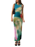 Znbbw Sleeveless Backless Summer Maxi Dress Women Tie Dye Print Split Slim Long Dress Elegant Bodycon Party Dresses Vestido