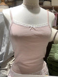 Znbbw Pink Striped Bow Tank Tops Sweet Lace Trim Sleeveless Cotton Summer Y2k Clothes Women Casual Vintage Cute Slim Crop Top