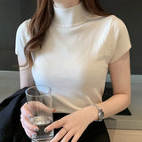 Znbbw Summer Half Turtleneck Slim Knitted T-shirt Women Elegant Solid Short Sleeve Casual Versatile Pullover Casual Skinny Tops