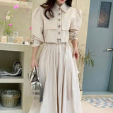Znbbw Fashion Matching Sets Puff Sleeve Button Short Blouses High Waist Pleated Long Skirts Solid Color Design Women's Clothing