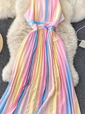 Znbbw Summer Temperament Vestidos Feminine Strapless Sling Square Collar Rainbow Gradient Color Slimming Holiday Midi Dress C361