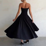 Znbbw Women's Dress Summer Strapless Sleeveless Backless Solid Color Fishbone Tube Top Pleated Long Gown Elegant Party Dresses