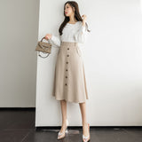 Znbbw Women's Skirts High Waist Single-Breasted Midi Skirts With Poakets Elegant Office All-Match Casual A-Line Skirts Jupe Femme