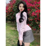 Znbbw Striped Shirts Women Y2K Streetwear Folds Tunic Crop Tops Korean Fashion Simple Pink Long Sleeve Slim All Match Blouses