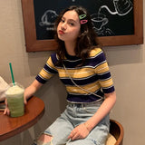 Znbbw Women's Striped Printed Sweater T-shirt Slim Fitting Short Sleeved Round Neck Knitted Sweater