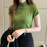 Znbbw Summer Half Turtleneck Slim Knitted T-shirt Women Elegant Solid Short Sleeve Casual Versatile Pullover Casual Skinny Tops