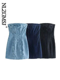 Znbbw TRAF Blue Dress for Women 2023 Summer Denim Strapless Tube Top Dress Sexy Solid High Street Chest Wrapping Dresses