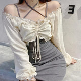 Znbbw Vintage Two Piece Set Slash Neck Puff Sleeve Ruffles Draw String Crop Tops Forked Female Slim Tand Dresses Spring Sets