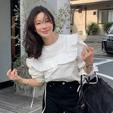 Znbbw Lager Lapel Shirts Blouses Lace Up Long Sleeve Blusas Mujer Loose Camisas Korean Chic Ropa Spring Womens Clothing