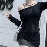 Znbbw Split Hollow Out Cool Pullover Hole Knit Sweaters Women Dark Black Gothic Lady Sweater Autumn Sexy See Through Pull Jumpers