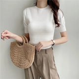 Znbbw Turtleneck Knitted T-shirts Tops Woman Slim Short Puff Sleeve Buttons Soft Solid Autumn T-shirt Tee Female