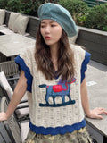 Znbbw Sweet Knitwears Vest Contrast Color Cartoon Embroidery Sweater Hollow Out V Neck Sleeveless Crop Tops Summer Thin Jumpers
