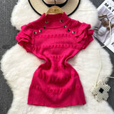 Znbbw Ruffles Short Sleeve Buttons Sweater Jumpers Girls Stretchy Chic Sweaters Pullovers Tops Women Knitted Tee Shirts