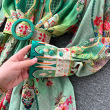 Znbbw 2023 Summer Holiday Beach Chiffon Flowy Dress Women's Stand Collar Lantern Sleeve Floral Print Boho Long Robes N1955