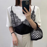 Znbbw Two Piece Ropa Mujer Contrast Lace Patchwork Tops Loose T Shirt Short Sleeve Camisetas Summer Round Neck Clothes Women